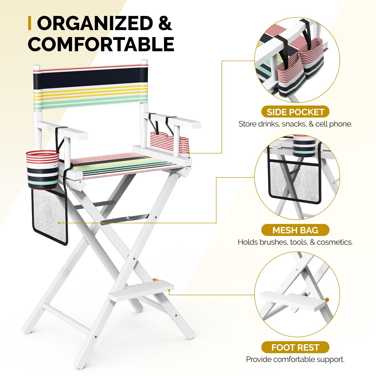 OmySalon 31in Wooden Portable Director Chair Folding Makeup Chair with Storage Pouch