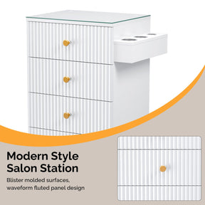 OmySalon SCWG Salon Styling Storage Station with Removable Glass Top & 4 Drawers 3 Hot Tool Holders