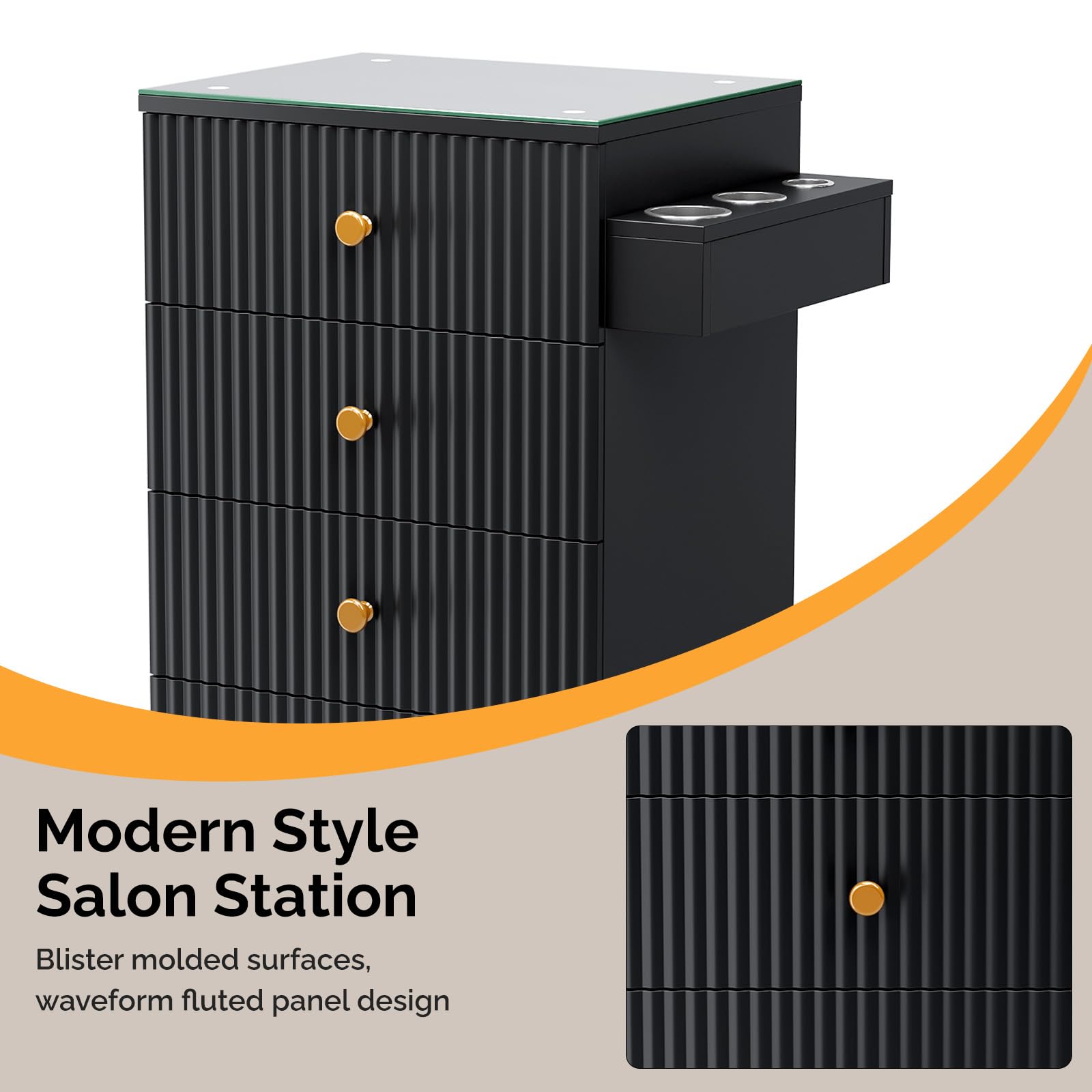 OmySalon SCWG Salon Styling Storage Station with Removable Glass Top & 4 Drawers 3 Hot Tool Holders