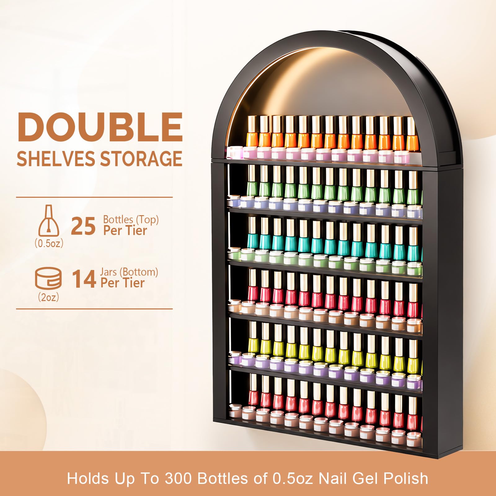 OmySalon Wall-Mounted Double 6-Tier Arched Nail Polish Organizer Rack With Led Lighting