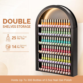 OmySalon Wall-Mounted Double 6-Tier Arched Nail Polish Organizer Rack With Led Lighting