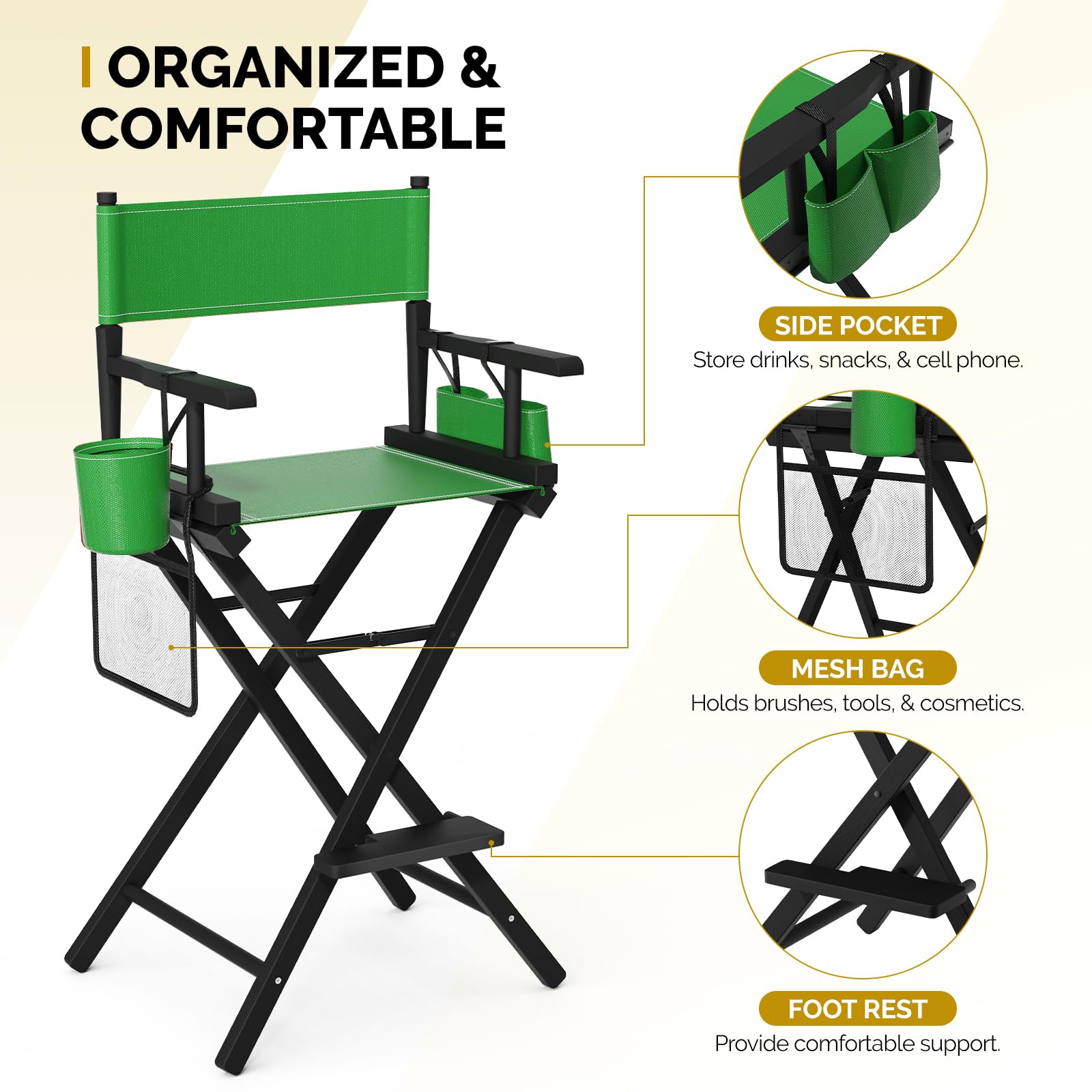 OmySalon 31in Wooden Portable Director Chair Folding Makeup Chair with Storage Pouch