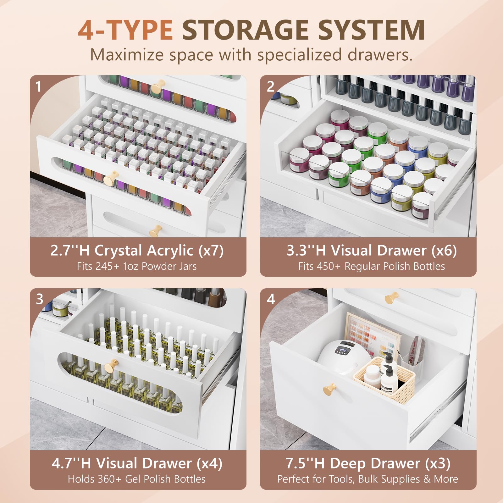 OmySalon Floor-Standing Nail Polish & Powder Organizer Cabinet with Drawers