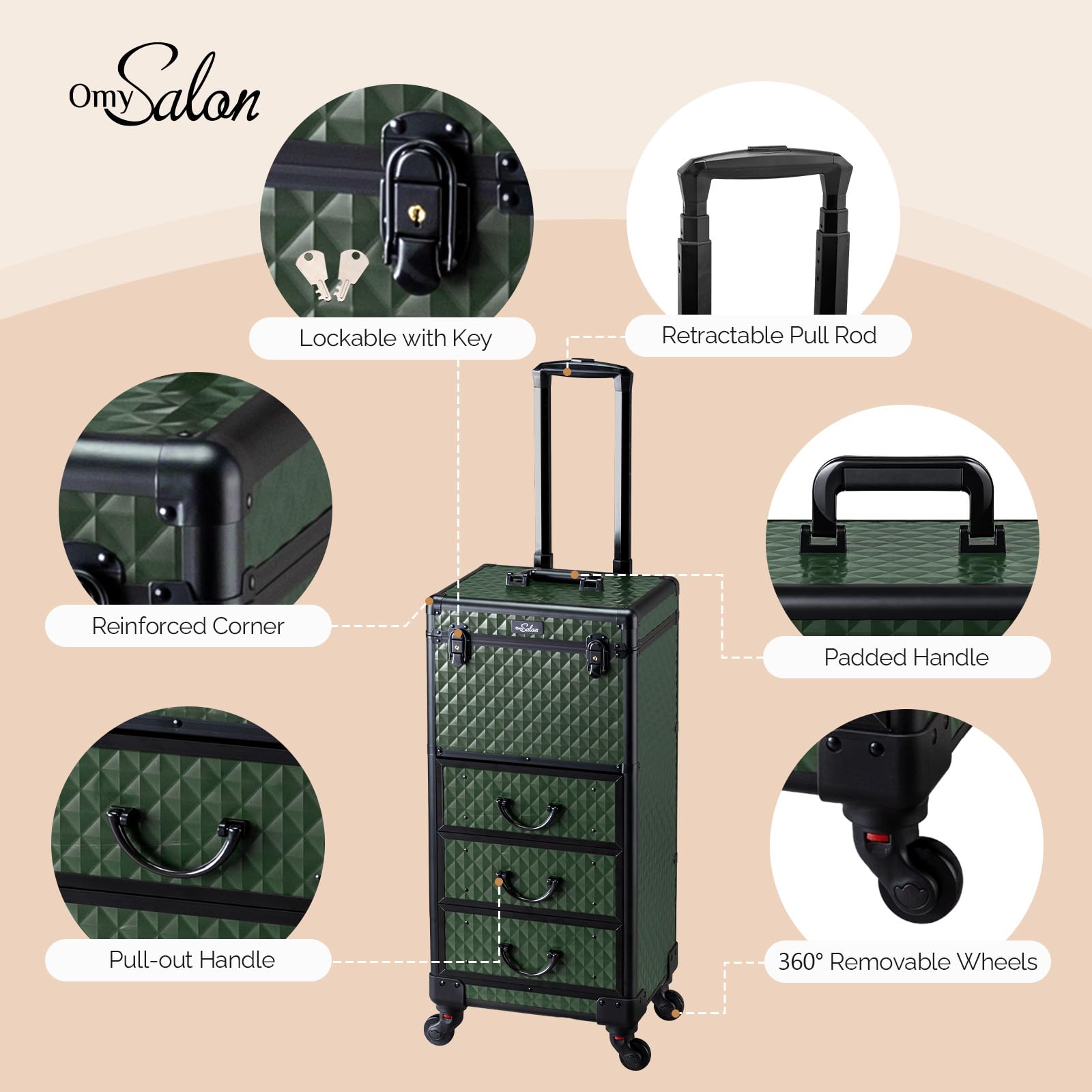 OmySalon Diamond Pattern Aluminum Lockable Rolling Makeup Train Case With 3 Drawers