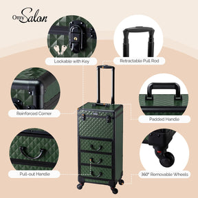 OmySalon Diamond Pattern Aluminum Lockable Rolling Makeup Train Case With 3 Drawers