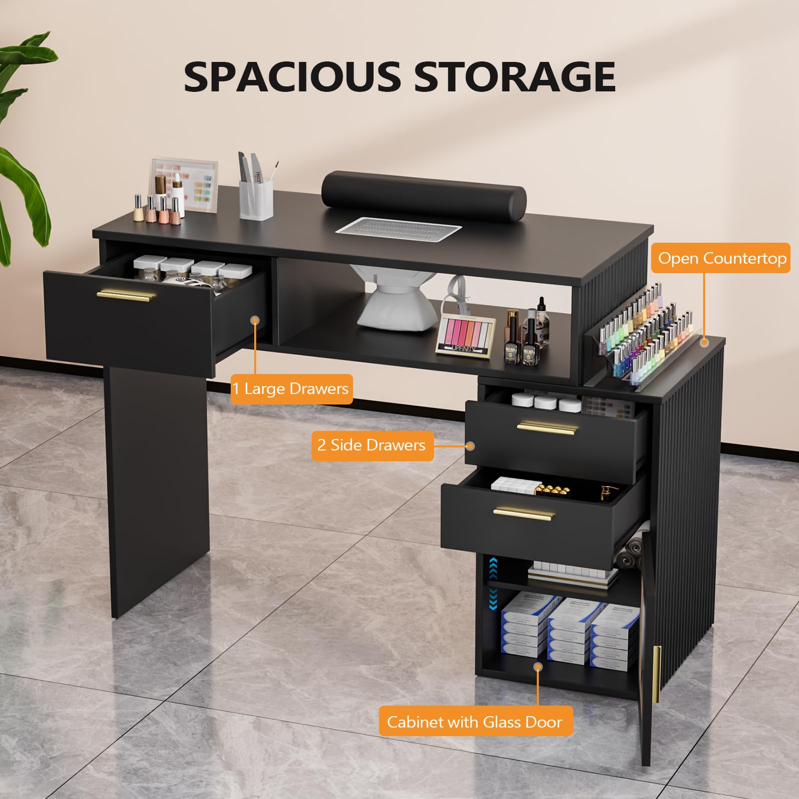 OmySalon MT-FL Nail Manicure Table w/Fluted Glass Cabinet & Electric Dust Collector & & Wrist Rest