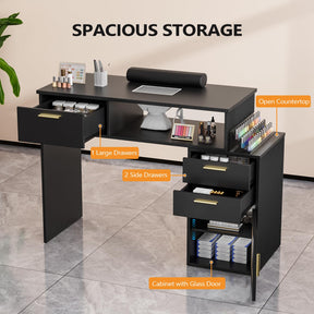 OmySalon MT-FL Nail Manicure Table w/Fluted Glass Cabinet & Electric Dust Collector & & Wrist Rest