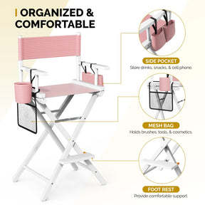 OmySalon 31in Wooden Portable Director Chair Folding Makeup Chair with Storage Pouch