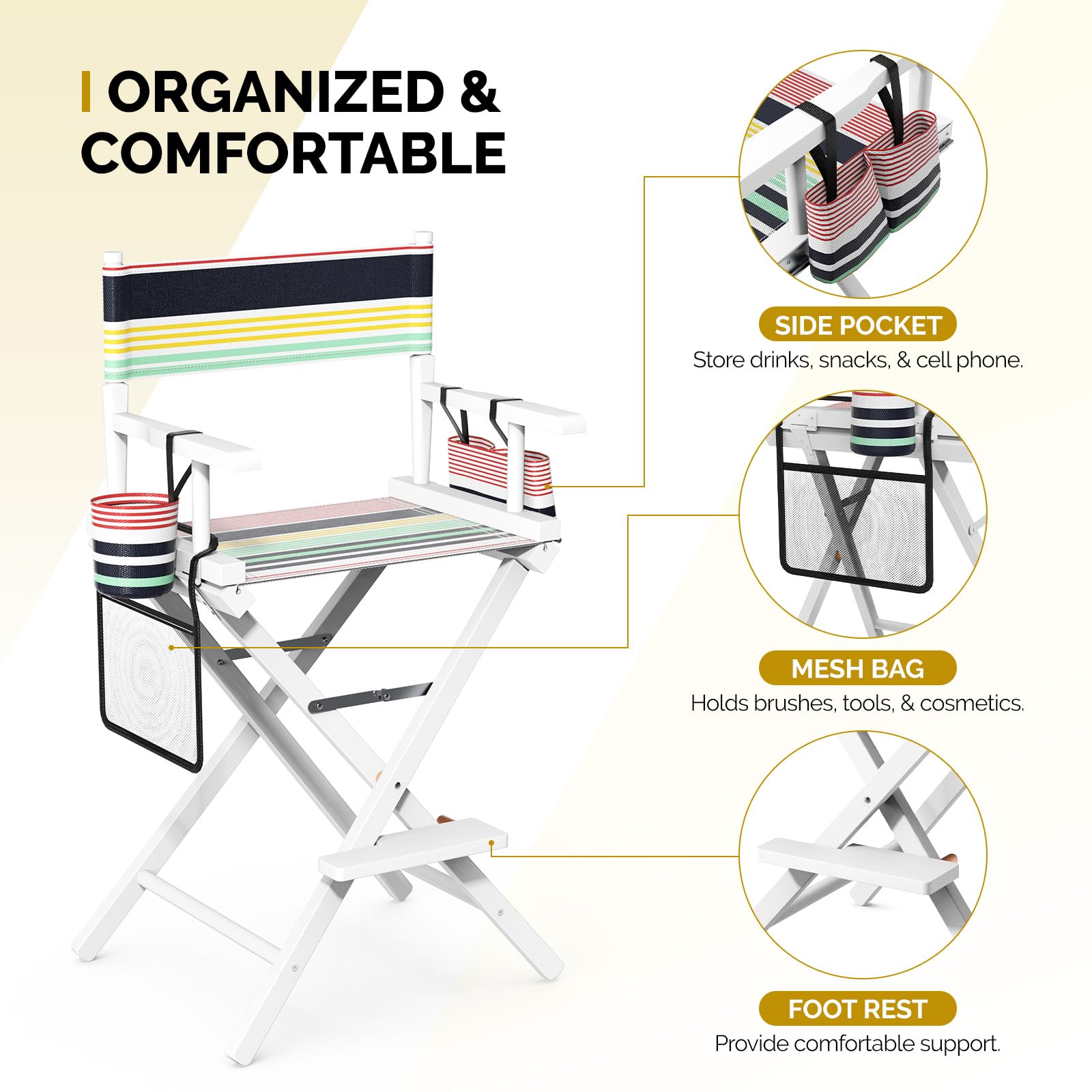OmySalon 26in Wooden Portable Director Chair Folding Makeup Chair with Storage Pouch