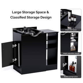 Omysalon HWCOC Salon Wet Cabinet Station with Shampoo Bowl & Adjustable Shelves & Sprayer Faucet