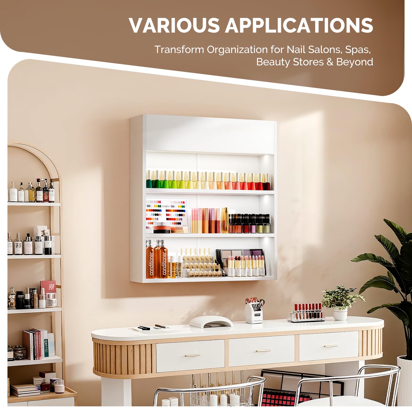 OmySalon 3-Tier Wall Mount LED Wooden Nail Polish Organizer Shelf with USB Touch Control