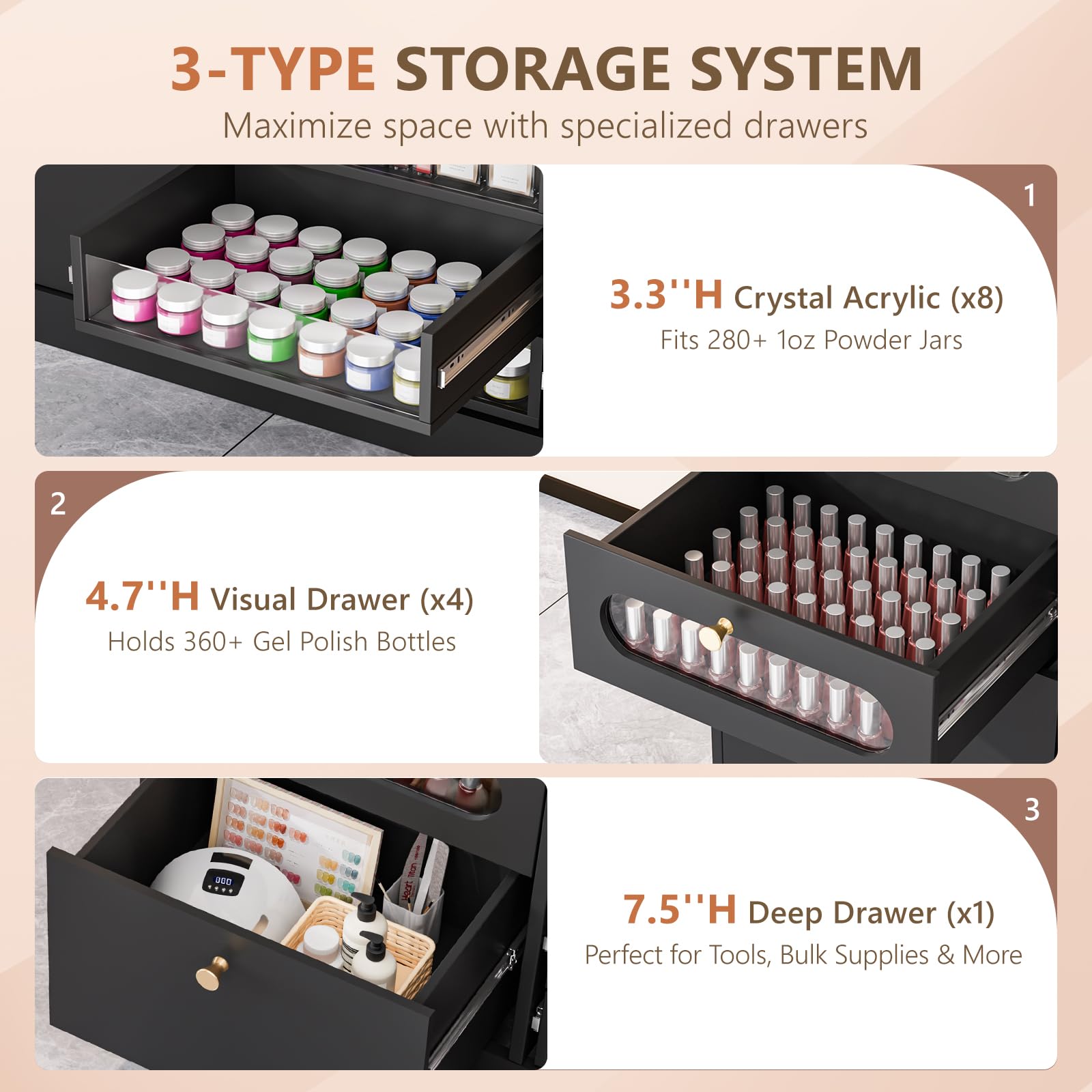 OmySalon 32" L Floor-Standing Nail Polish & Powder Organizer Cabinet with 8 Clear & 4 Visual Drawers