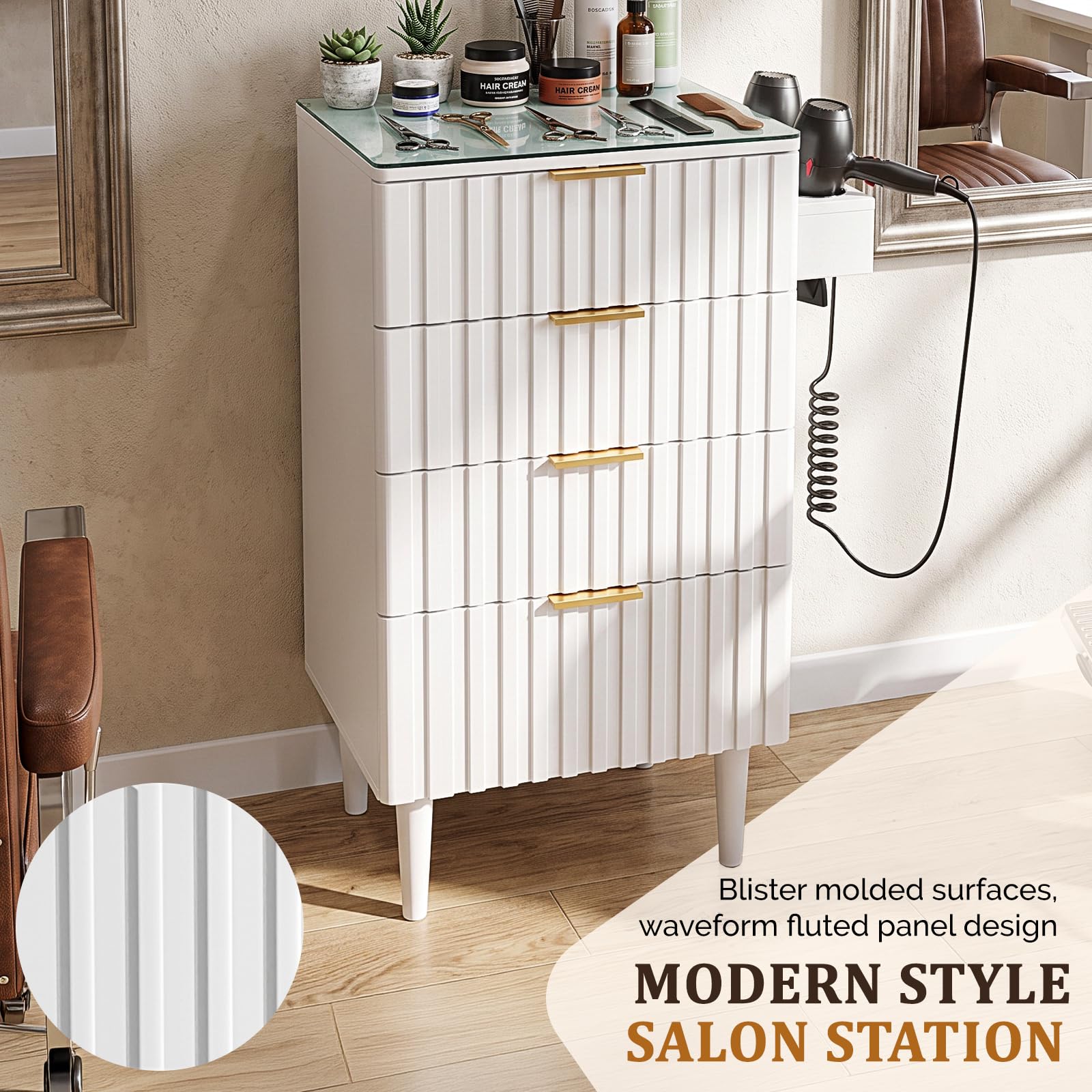 OmySalon SCGFD Modern Retro Salon Styling Station with Glass Top, 4 Drawers & 3 Hot Tool Holders