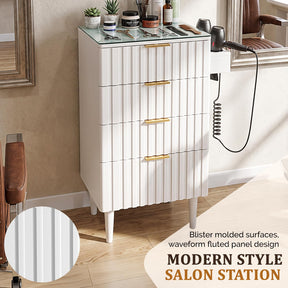 OmySalon SCGFD Modern Retro Salon Styling Station with Glass Top, 4 Drawers & 3 Hot Tool Holders