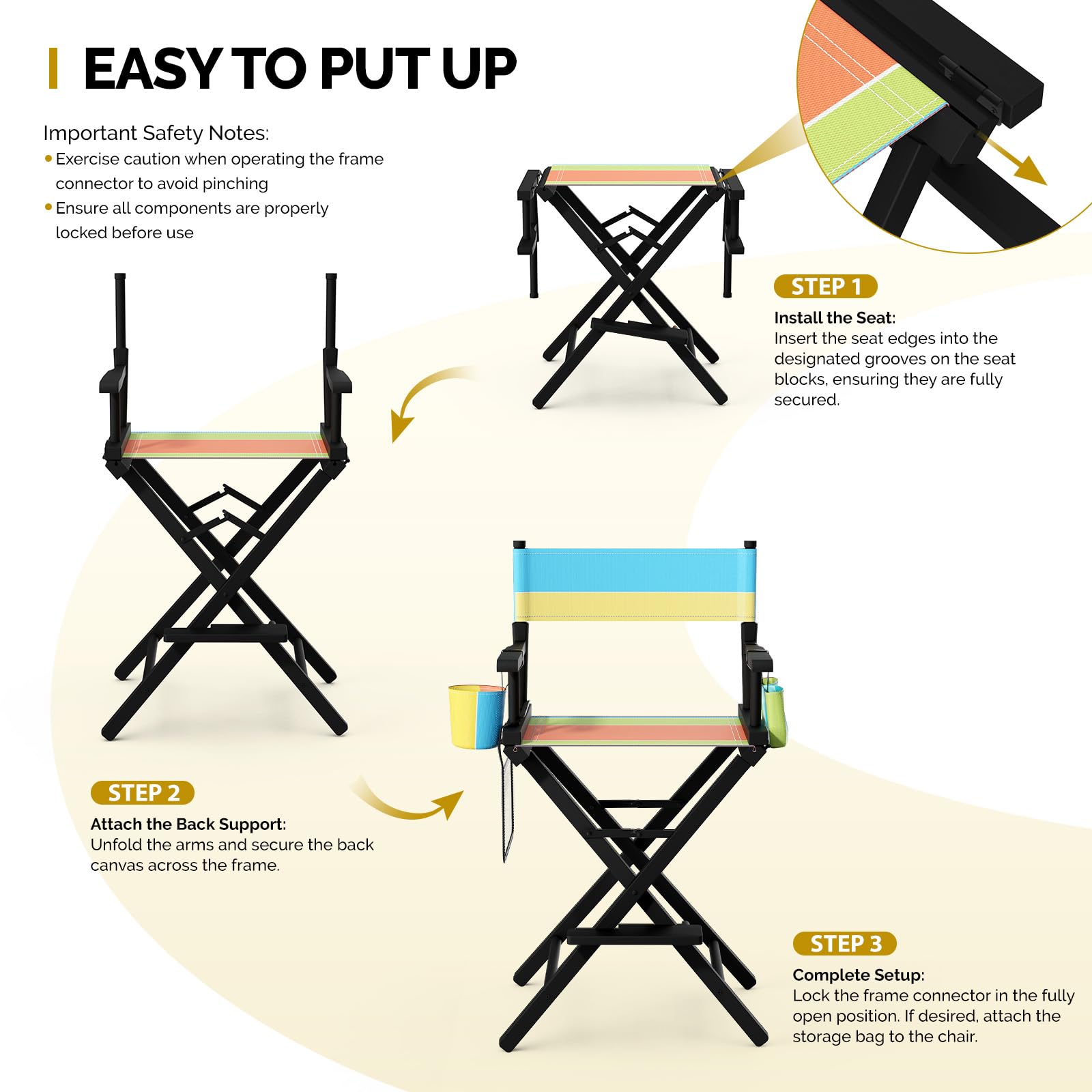 OmySalon 26in Wooden Portable Director Chair Folding Makeup Chair with Storage Pouch