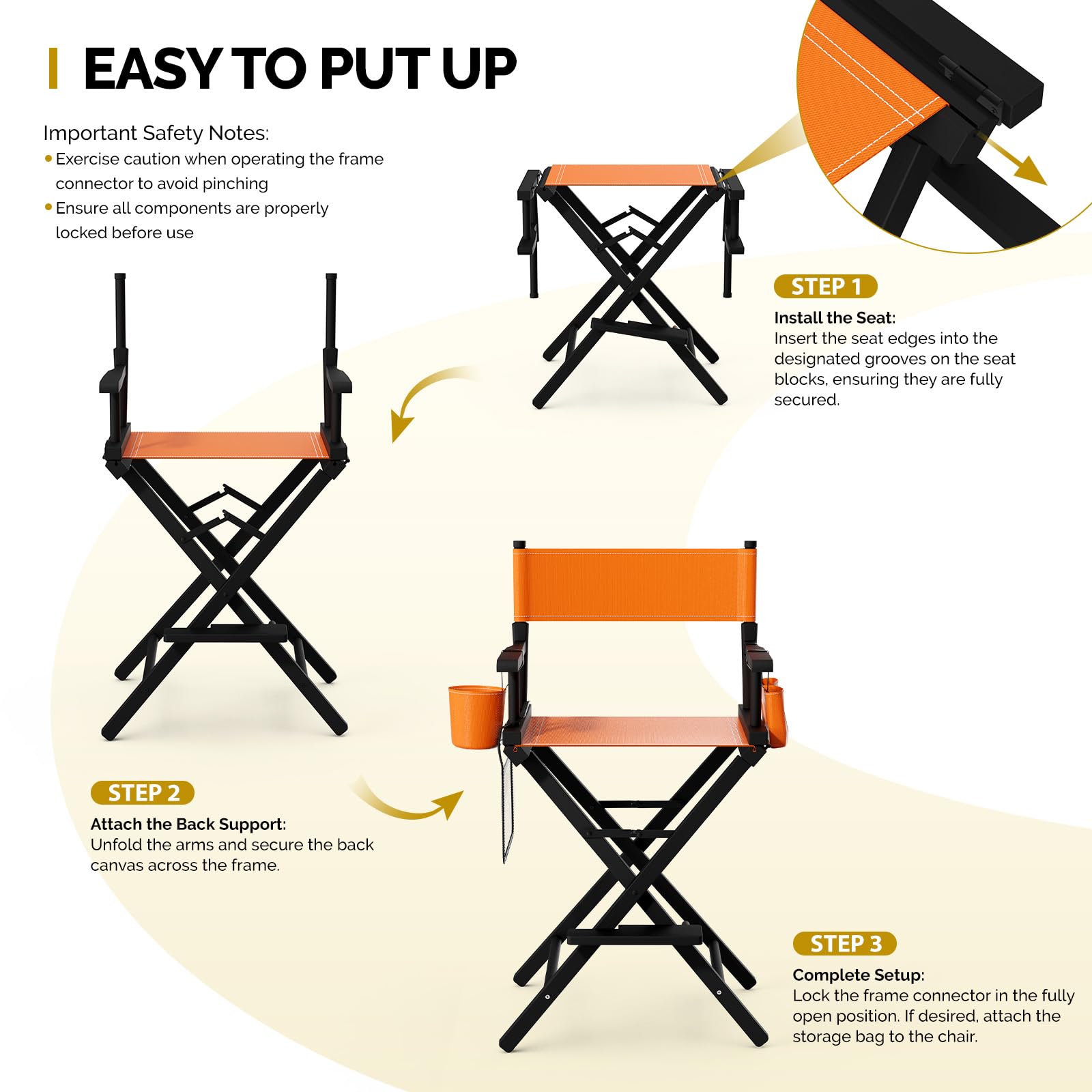 OmySalon 26in Wooden Portable Director Chair Folding Makeup Chair with Storage Pouch