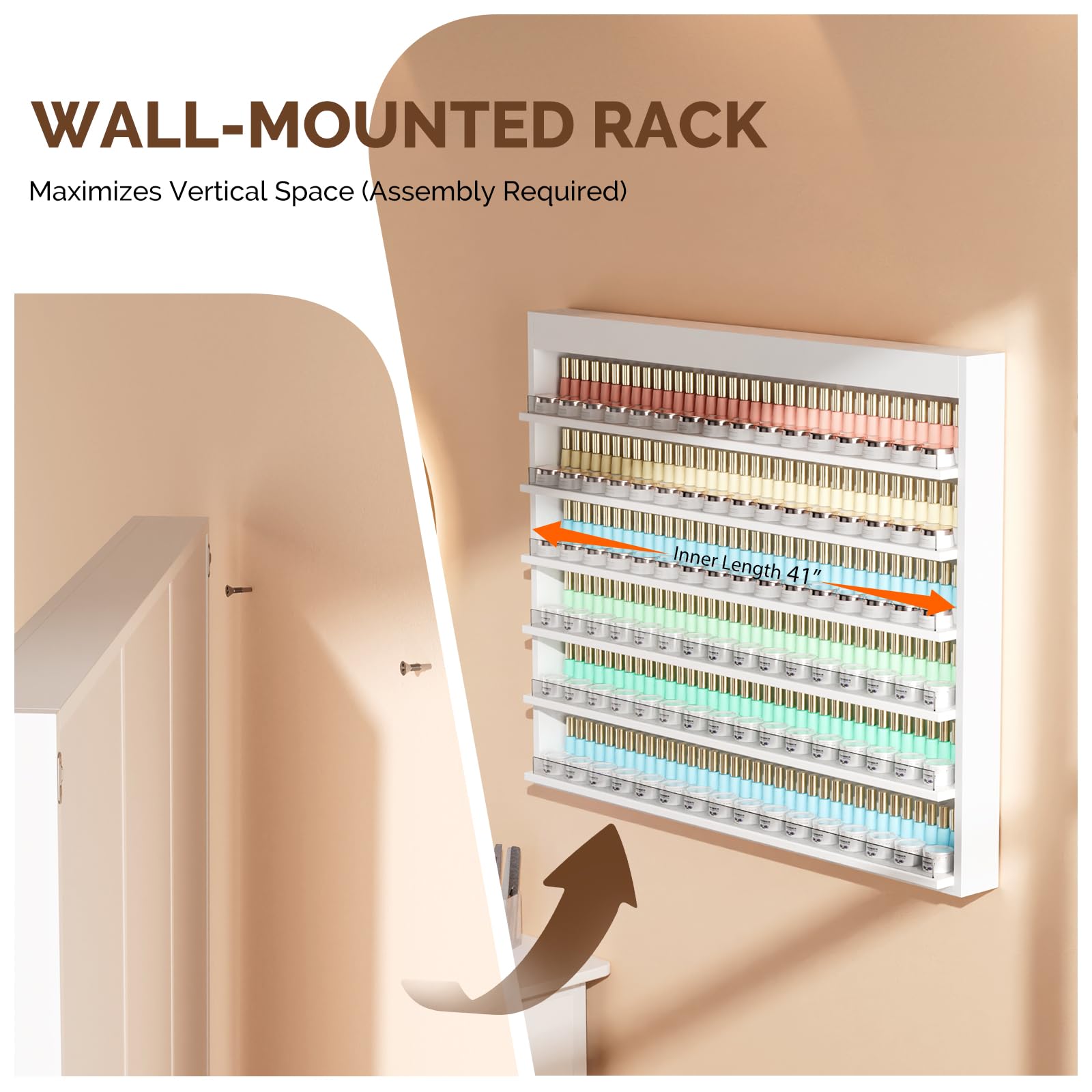 OmySalon Double 6-Tier Wall Mount Nail Polish & Powder Organizer Rack with Acrylic Barriers