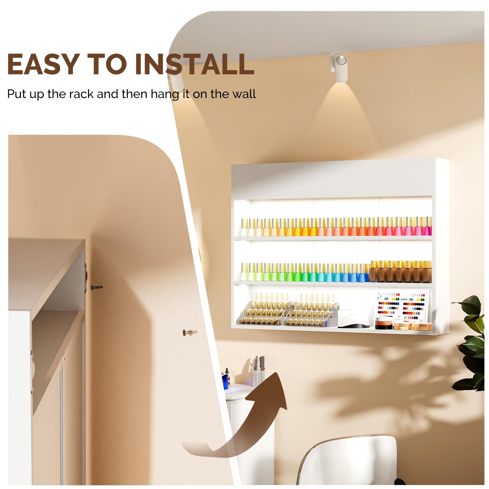 OmySalon 3-Tier Wall Mount LED Wooden Nail Polish Organizer Shelf with USB Touch Control