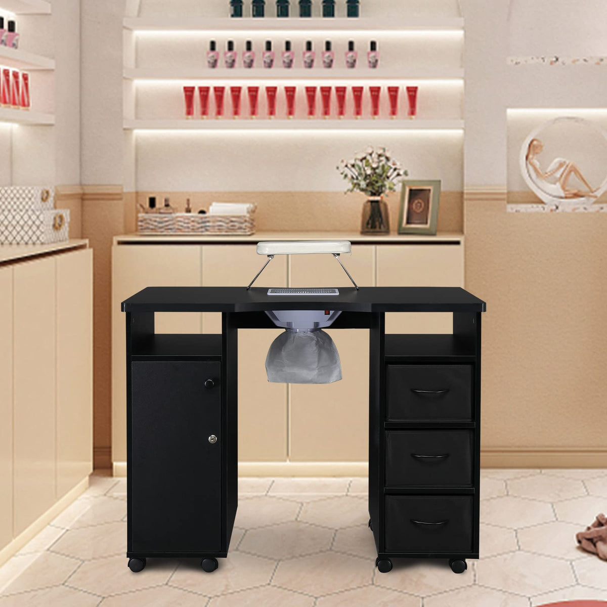 OmySalon Manicure Nail Table Double Cabinet 1 Door 3 Cloth Drawers with Dust Collector & Wrist Rest Cushion