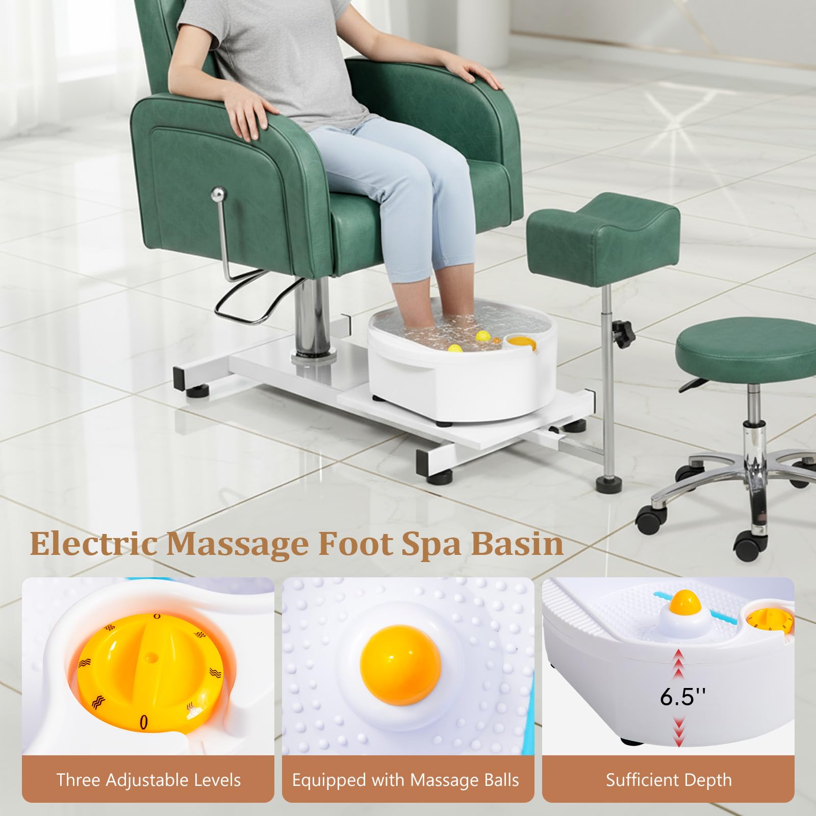 OmySalon PCM-WB 360° Rotation Hydraulic Pedicure Spa Chair with Bubble Foot Bath & Rolling Stool