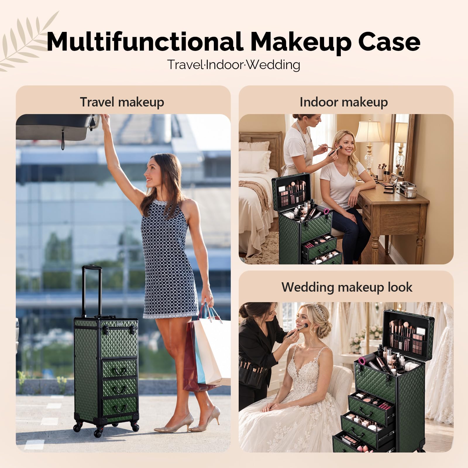 OmySalon Diamond Pattern Aluminum Lockable Rolling Makeup Train Case With 3 Drawers