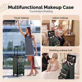 OmySalon Diamond Pattern Aluminum Lockable Rolling Makeup Train Case With 3 Drawers