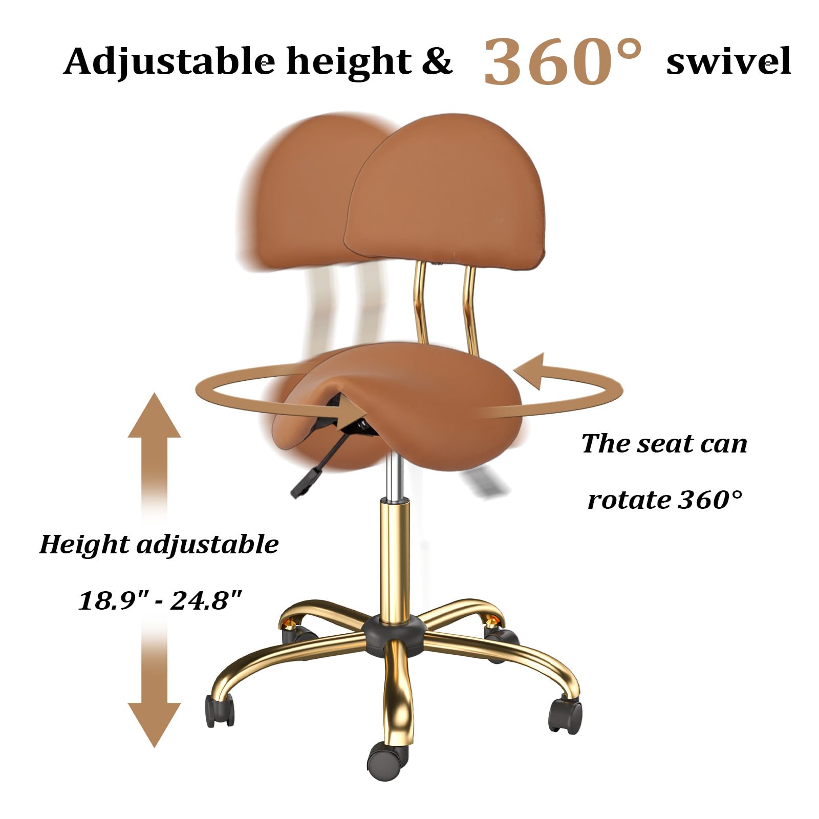 OmySalon Hydraulic Adjustable Rolling Saddle Stool with Back Support