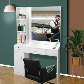 OmySalon HSC-09 Wall Mount Barber Station 2 Drawers 1 Storage Cabinet 3 Open Shelves with Mirror & Support Leg