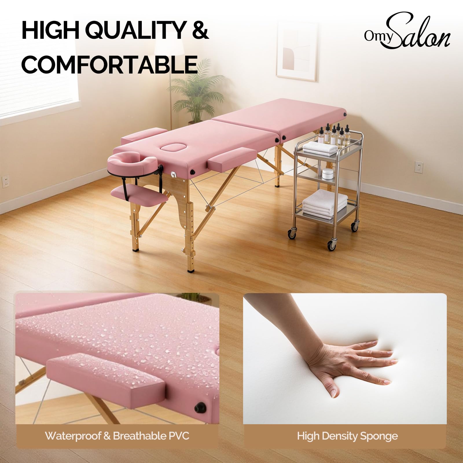OmySalon 2FBW 84in 2-Fold Portable Physical Therapy Massage Table with Carrying Bag, Face Cradle & Wooden Frame