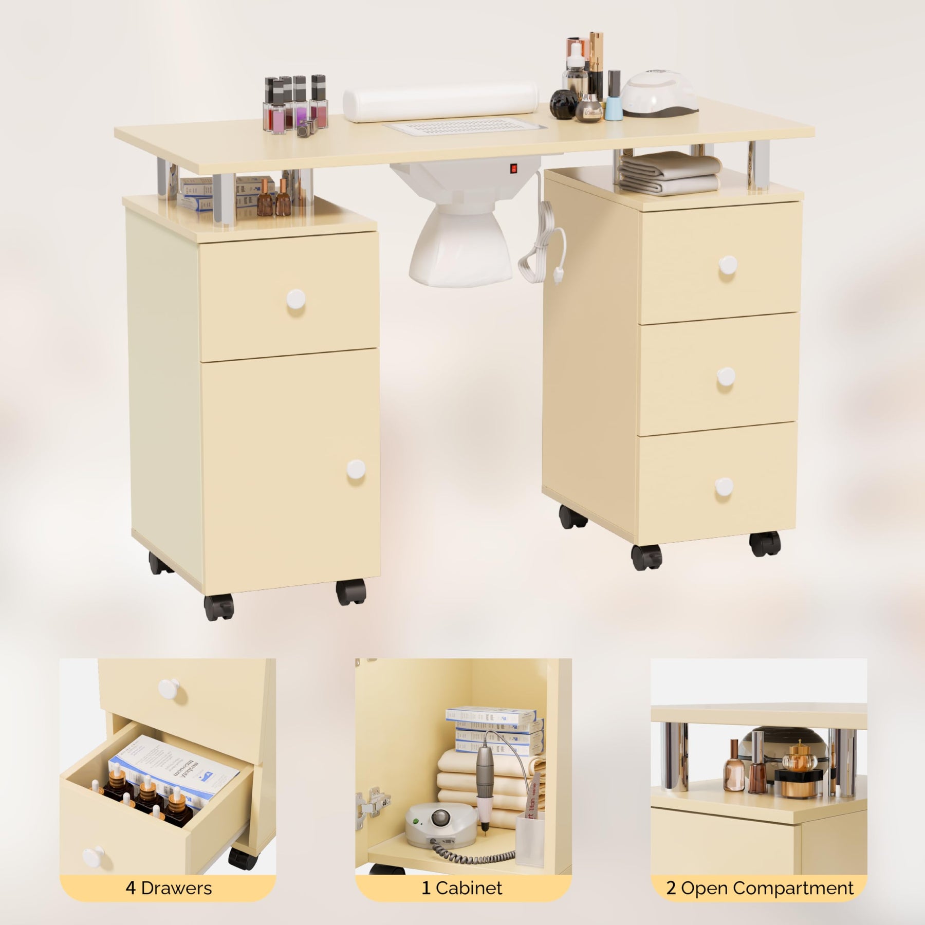 Omysalon MT-DC Nail Manicure Table w/Electric Dust Collector & Wrist Rest & 2 Open Spaces 1 Side Cabinet 4 Drawers