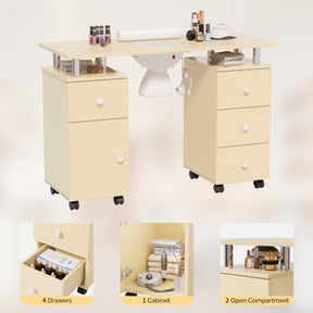 Omysalon MT-DC Nail Manicure Table w/Electric Dust Collector & Wrist Rest & 2 Open Spaces 1 Side Cabinet 4 Drawers