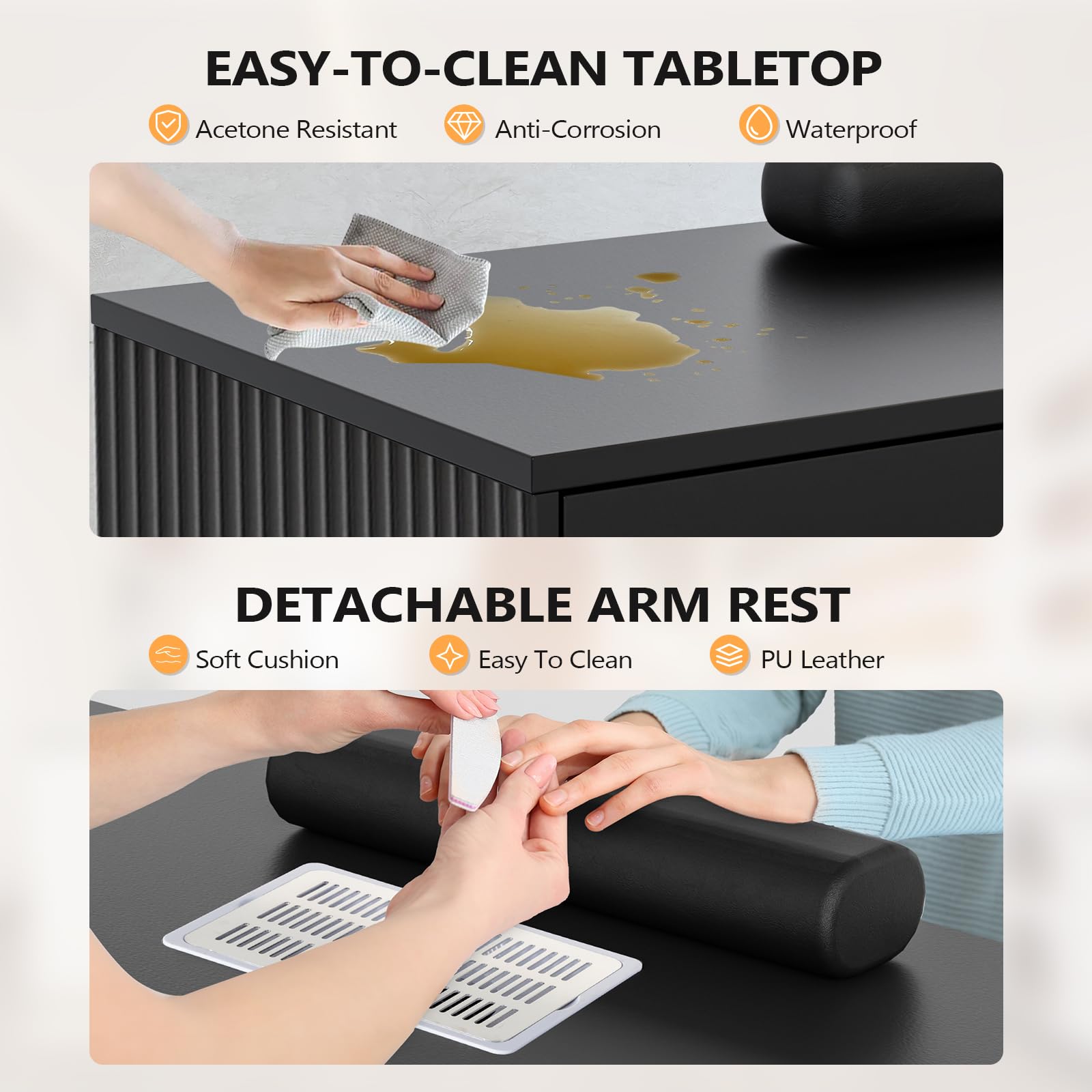 OmySalon MT-FL Nail Manicure Table w/Fluted Glass Cabinet & Electric Dust Collector & & Wrist Rest