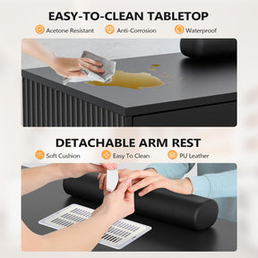 OmySalon MT-FL Nail Manicure Table w/Fluted Glass Cabinet & Electric Dust Collector & & Wrist Rest