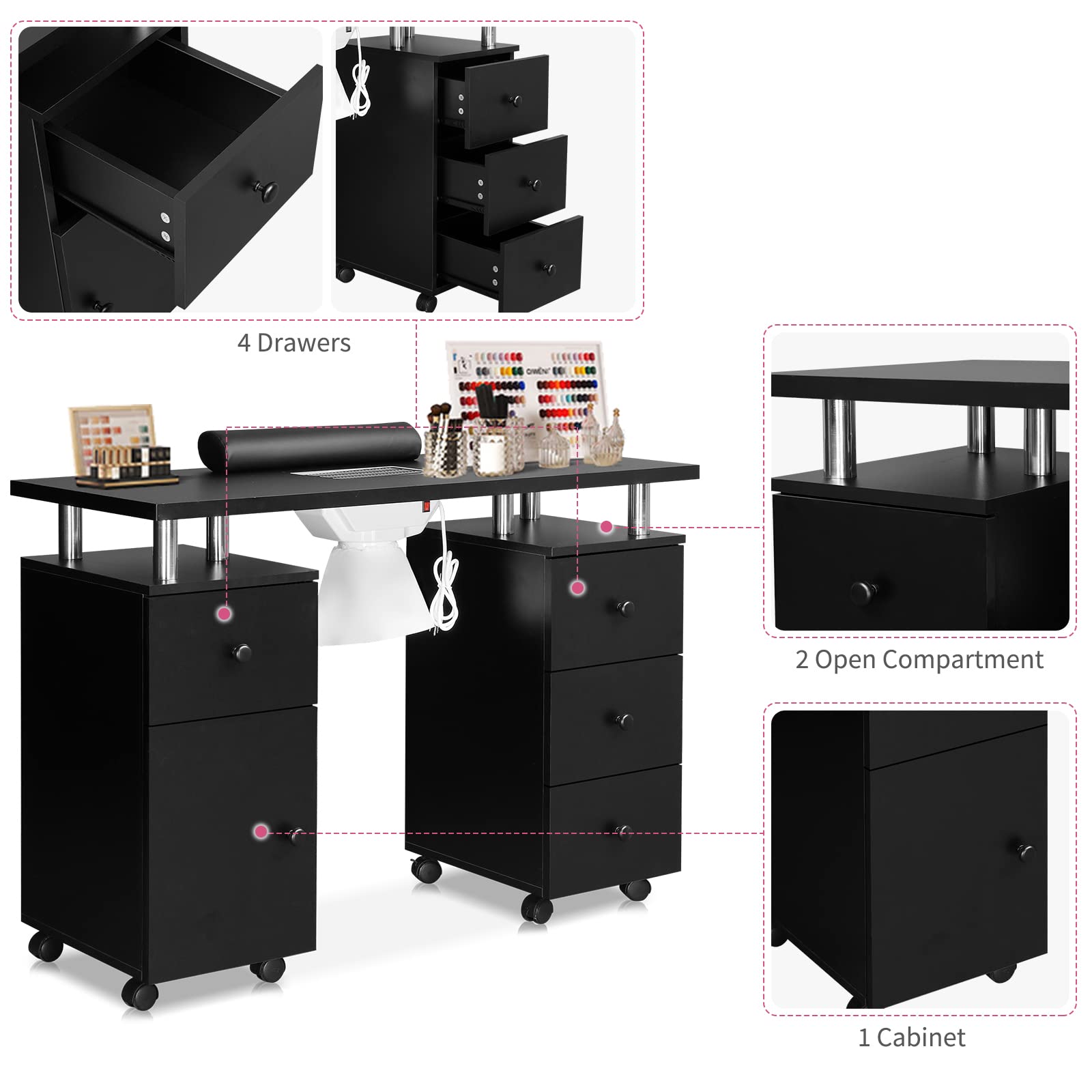 Omysalon MT-DC Nail Manicure Table w/Electric Dust Collector & Wrist Rest & 2 Open Spaces 1 Side Cabinet 4 Drawers