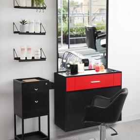 OmySalon Wall Mount Salon Station with Mirror 1 Drawer 1 Storage Cabinet 2 Hair Dryer Holders Black/Black & Red