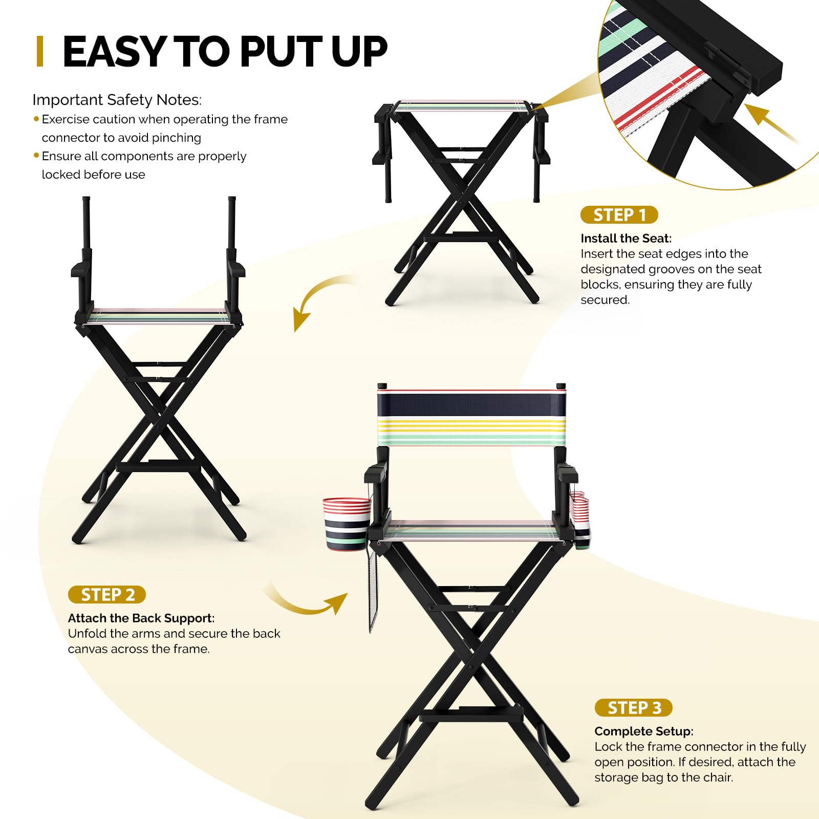 OmySalon 31in Wooden Portable Director Chair Folding Makeup Chair with Storage Pouch