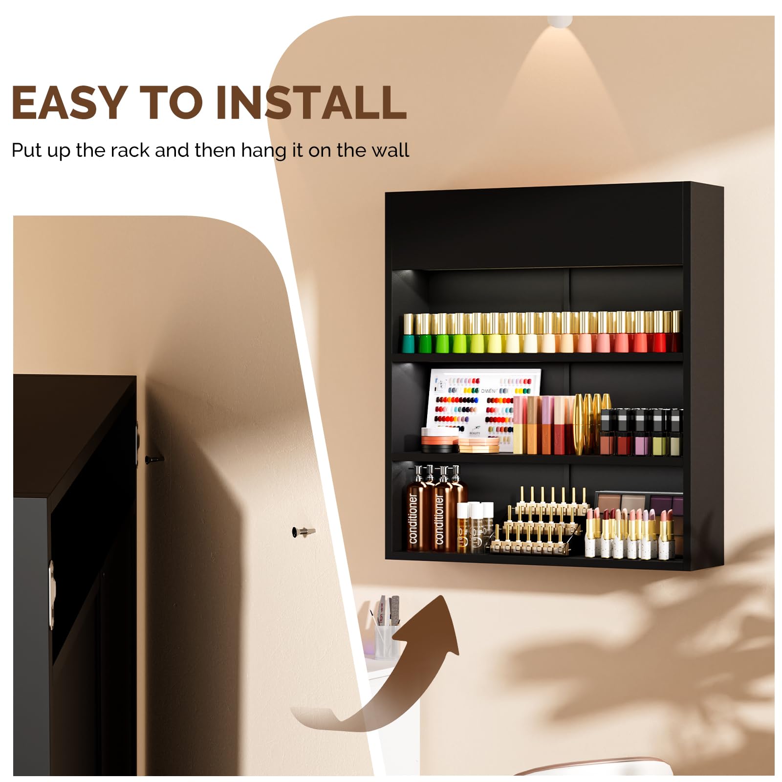 OmySalon 3-Tier Wall Mount LED Wooden Nail Polish Organizer Shelf with USB Touch Control