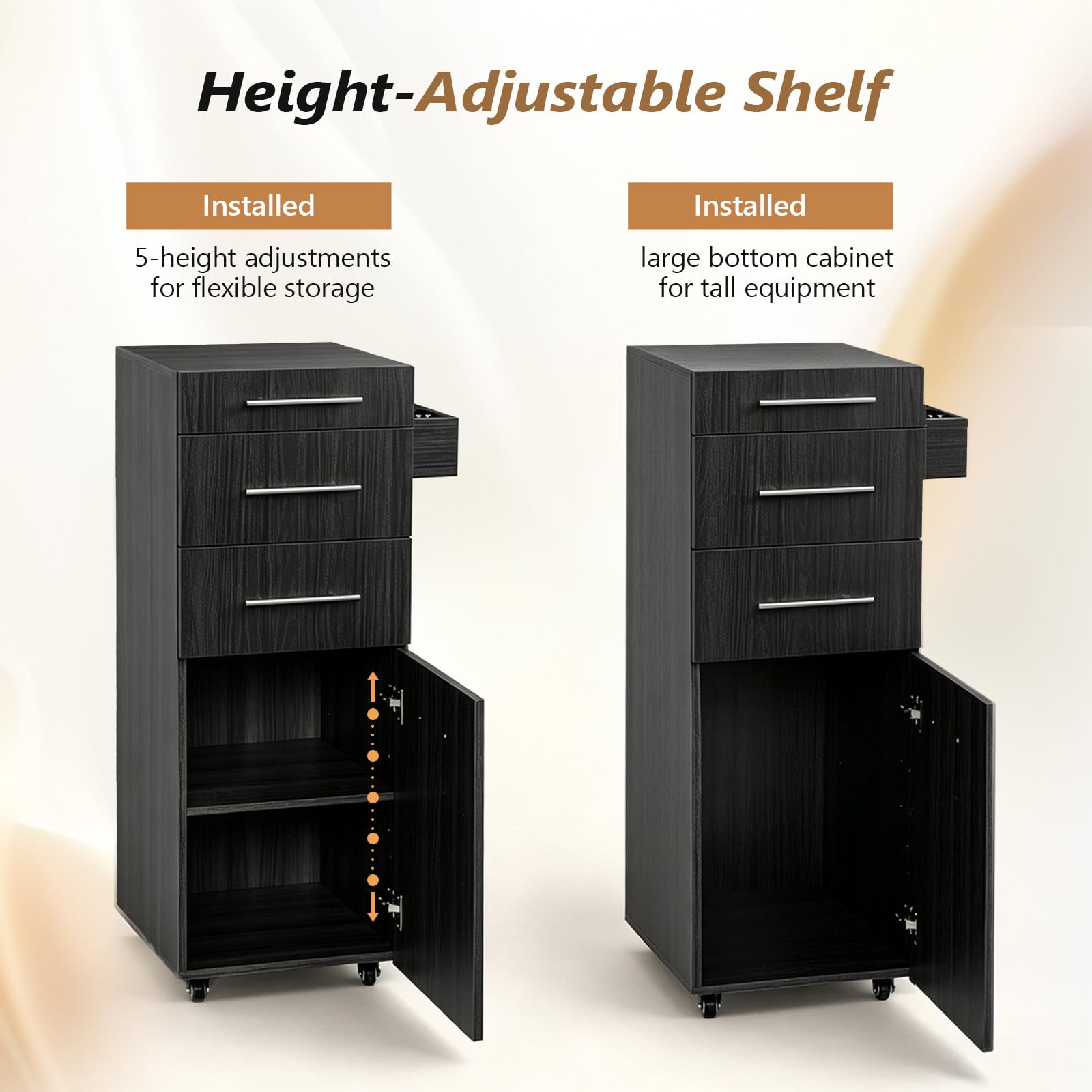 OmySalon SCTDOC Wooden Salon Trolley Cart with Wheels, 3 Drawers, Adjustable Shelf & Tool Holders