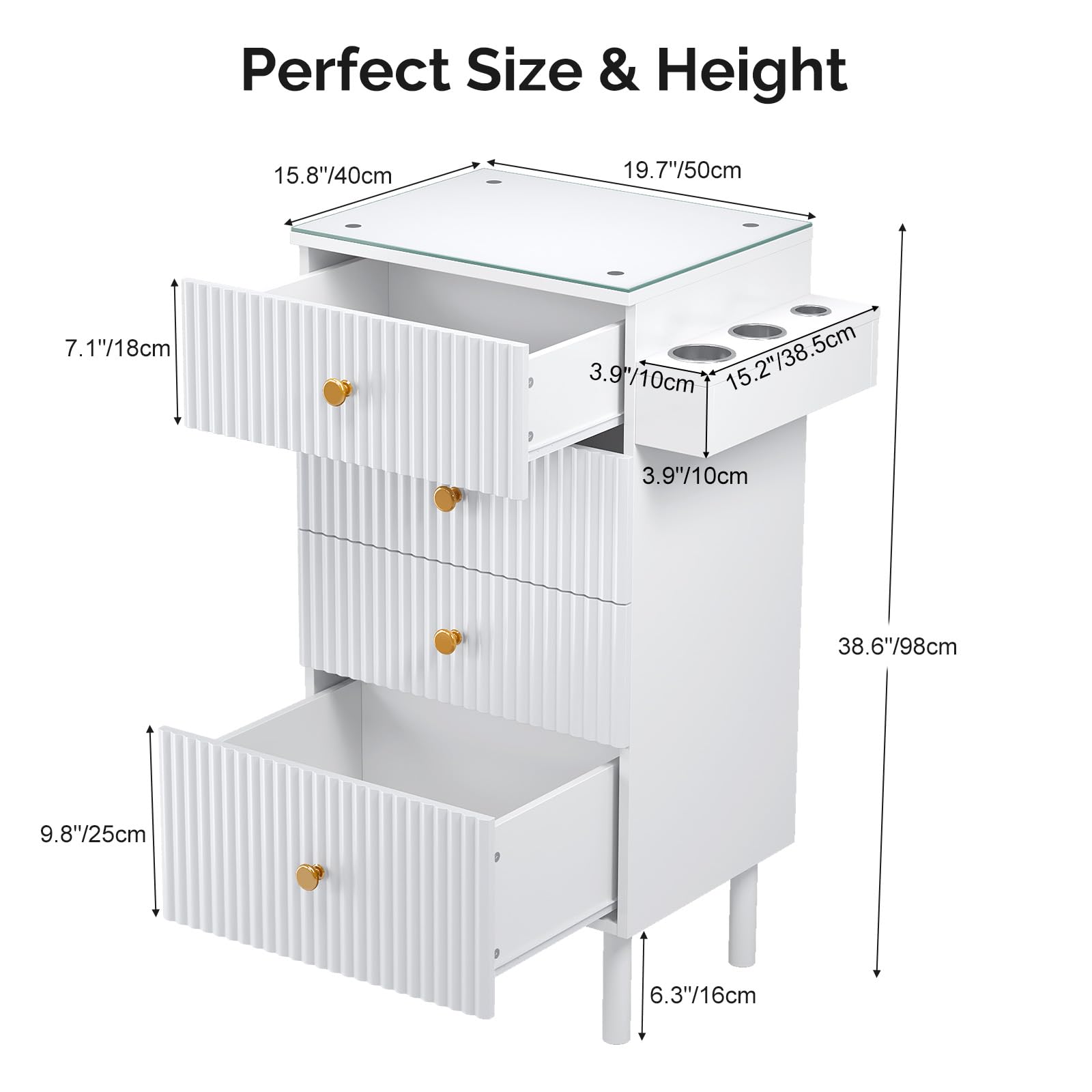 OmySalon SCWG Salon Styling Storage Station with Removable Glass Top & 4 Drawers 3 Hot Tool Holders