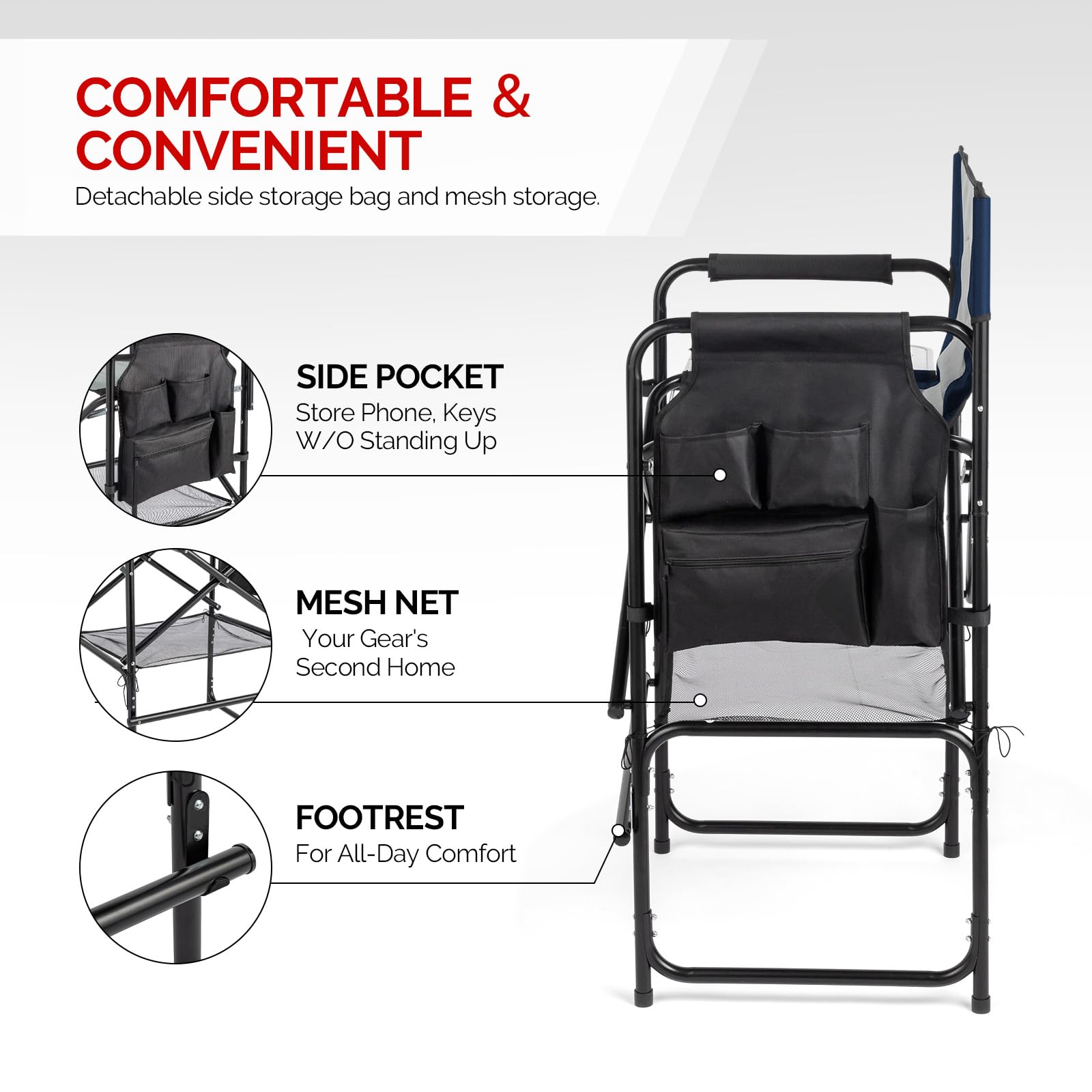 OmySalon Portable Folding Director Chair Makeup Artist Chair with Side Table 22in/26in/30in