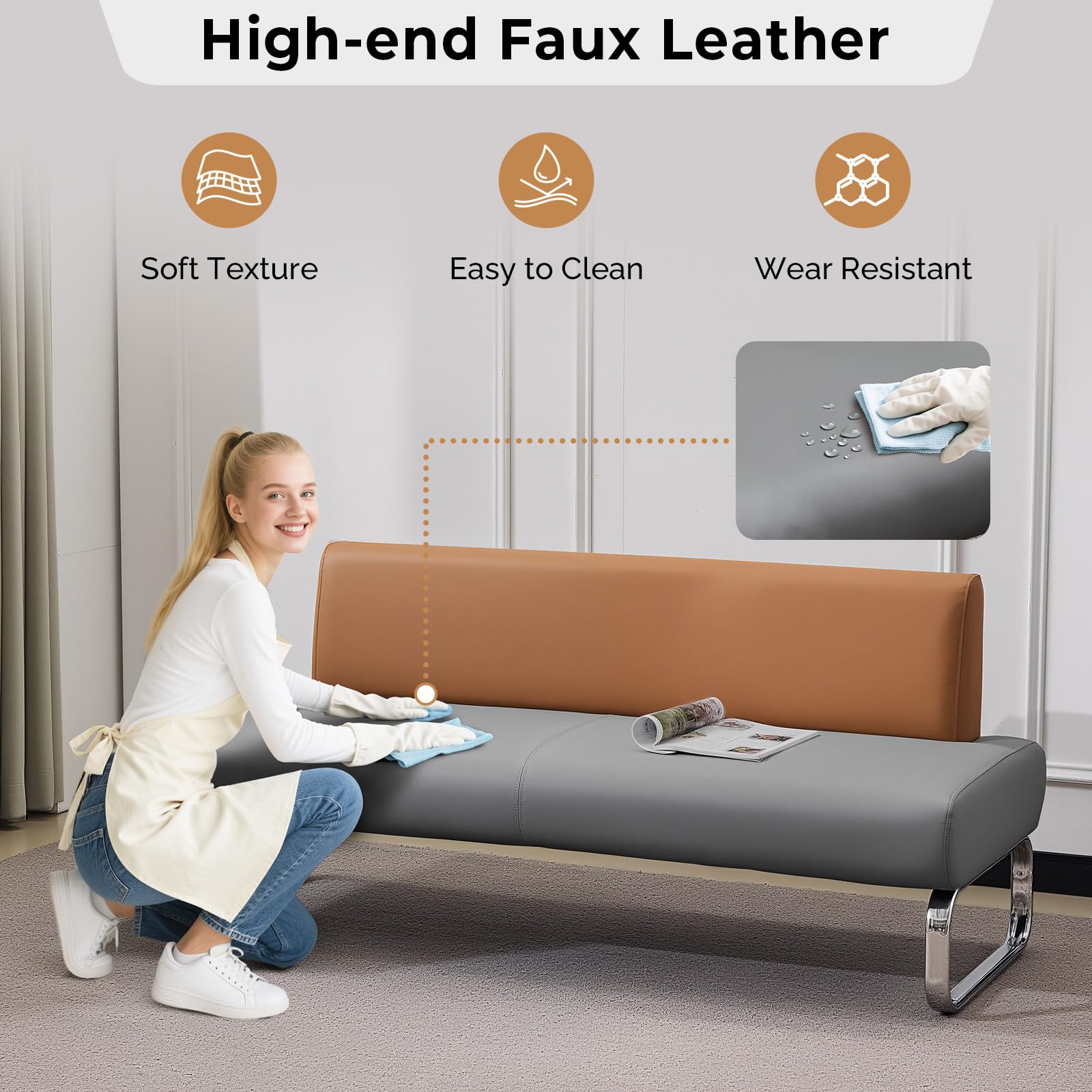 OmySalon WRB2001 Modern 59in Faux Leather Waiting Room Reception Bench Chair with Backrest
