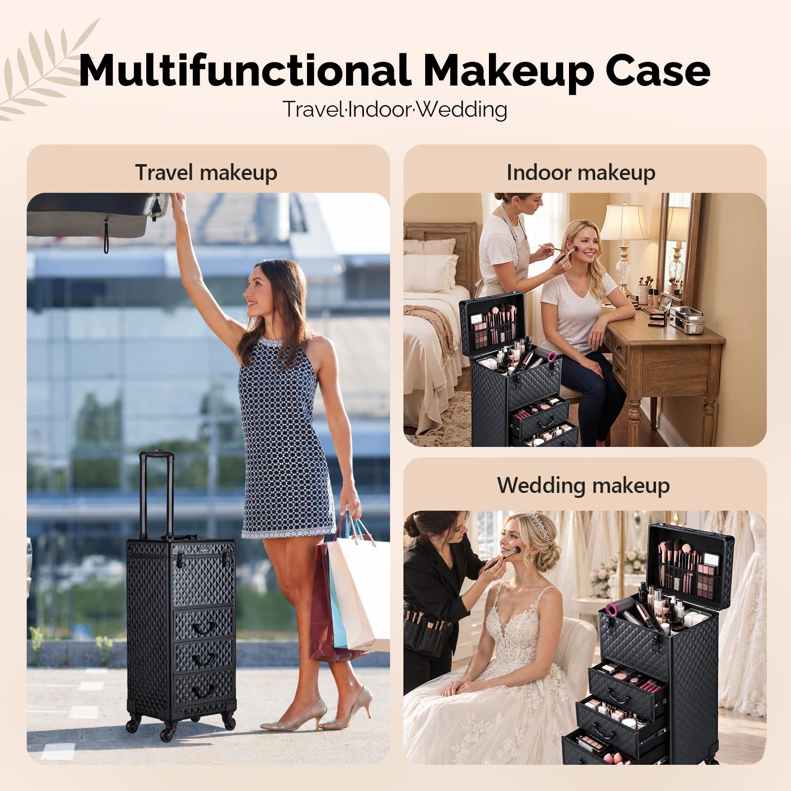 OmySalon Diamond Pattern Aluminum Lockable Rolling Makeup Train Case With 3 Drawers