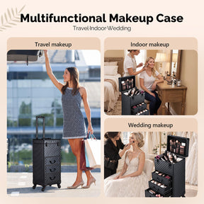 OmySalon Diamond Pattern Aluminum Lockable Rolling Makeup Train Case With 3 Drawers