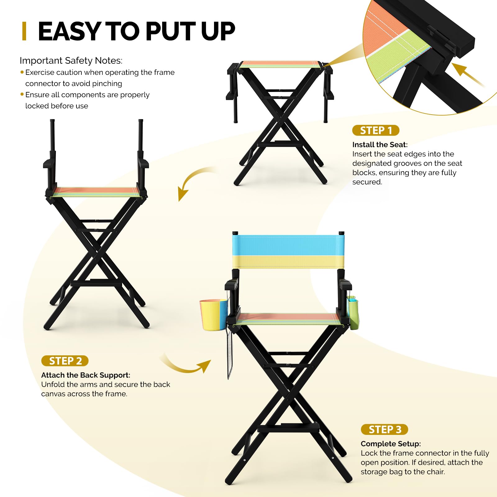 OmySalon 31in Wooden Portable Director Chair Folding Makeup Chair with Storage Pouch