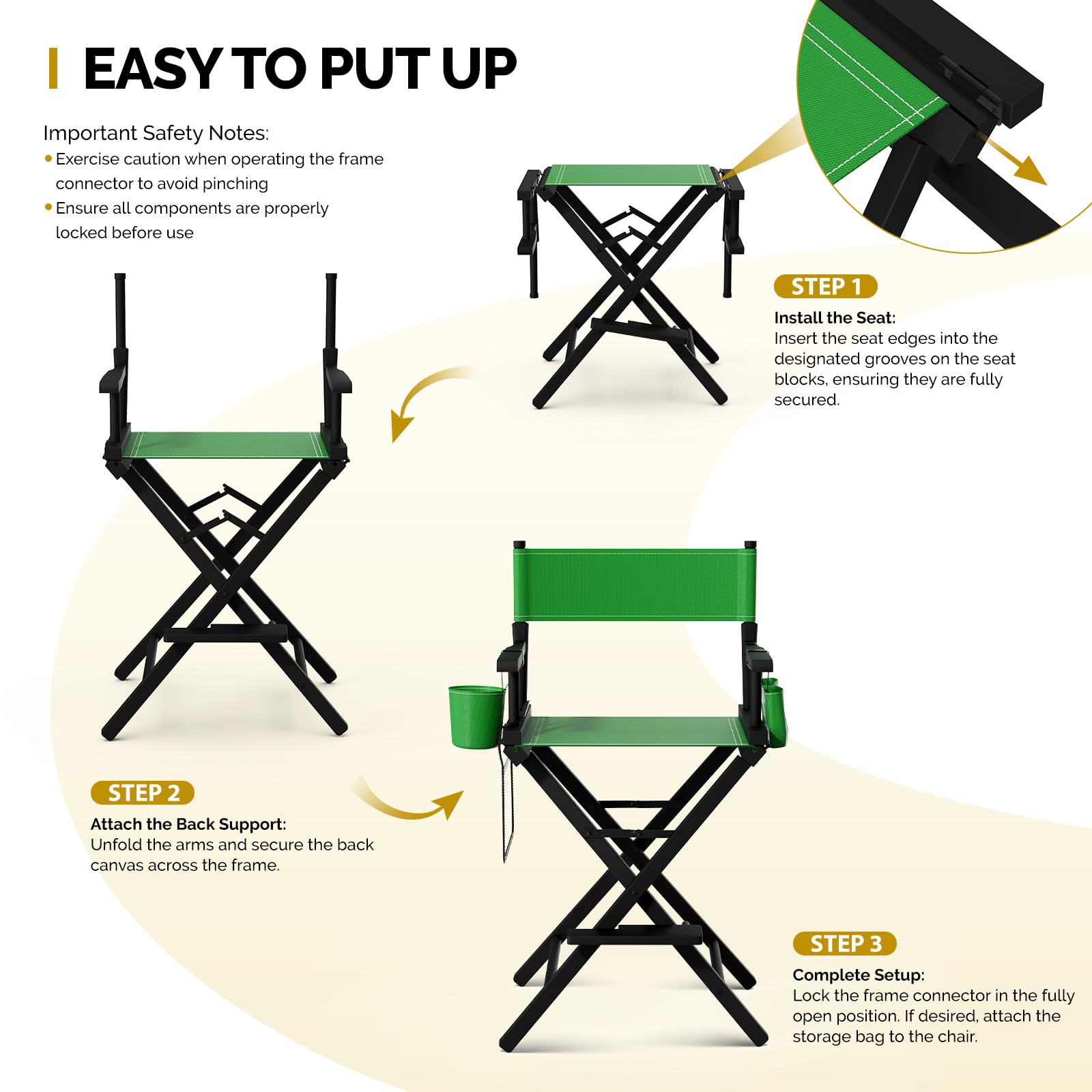 OmySalon 26in Wooden Portable Director Chair Folding Makeup Chair with Storage Pouch