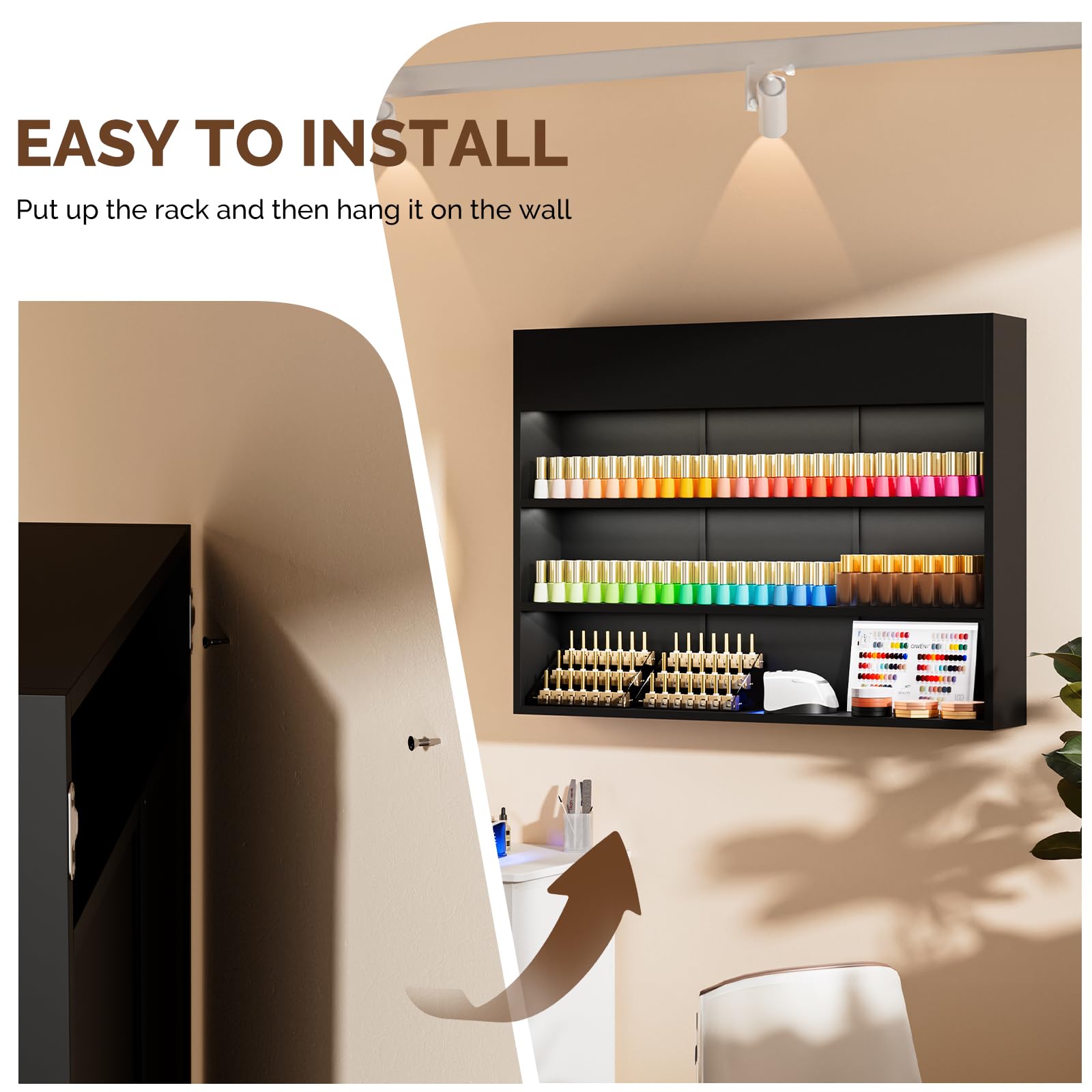 OmySalon 3-Tier Wall Mount LED Wooden Nail Polish Organizer Shelf with USB Touch Control