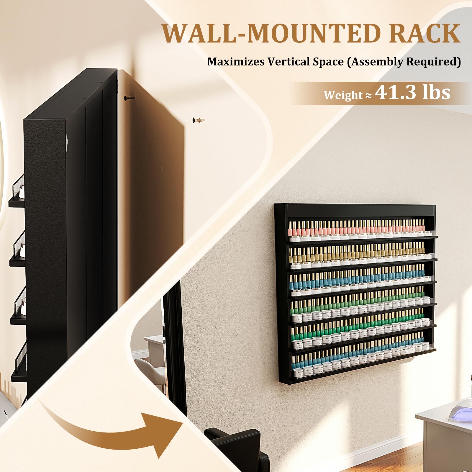 OmySalon Double 6-Tier Wall Mount Nail Polish & Powder Organizer Rack with Acrylic Barriers