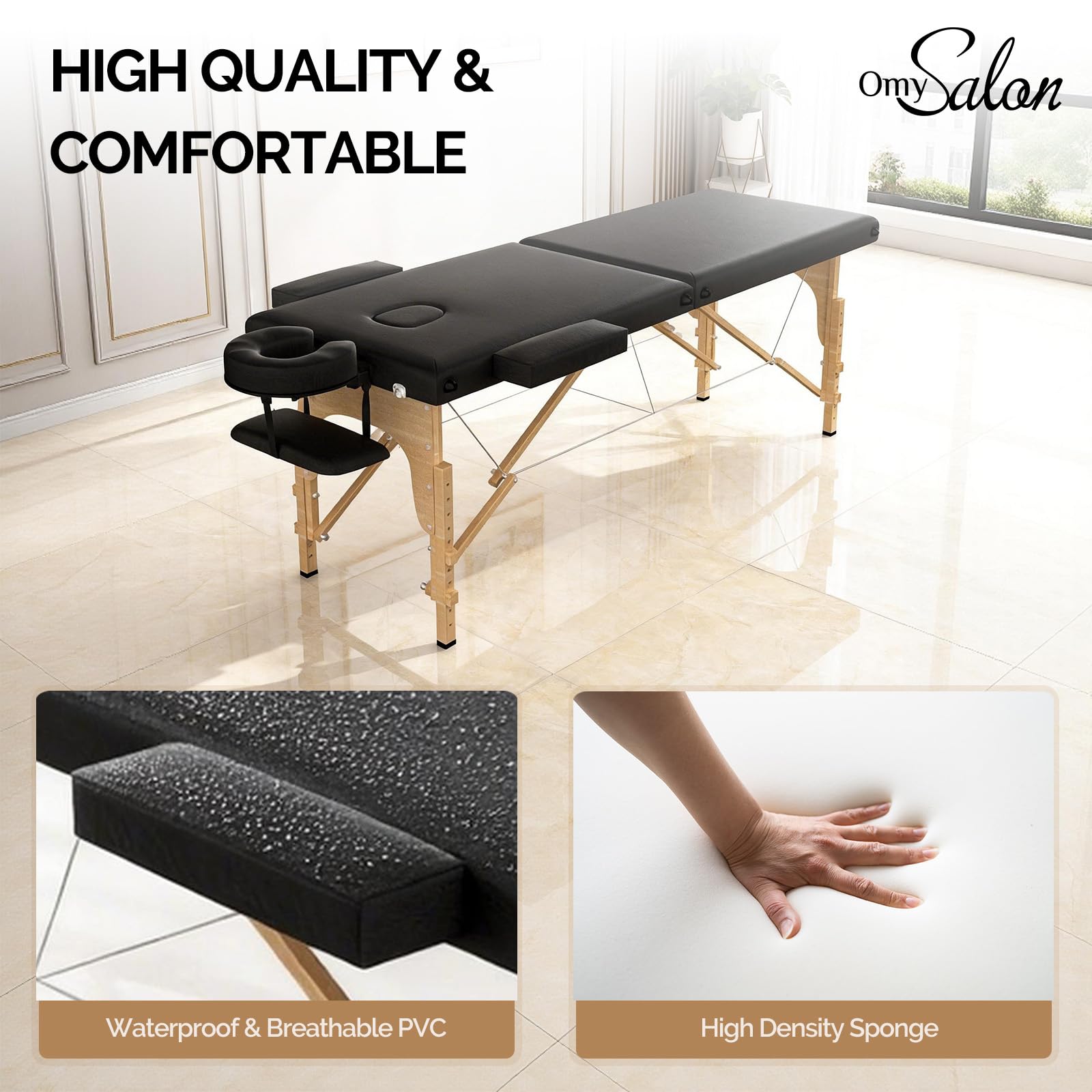 OmySalon 2FBW 84in 2-Fold Portable Physical Therapy Massage Table with Carrying Bag, Face Cradle & Wooden Frame