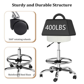 OmySalon Adjustable Thick Seat Cushion Rolling Stool with Back Support & Footrest