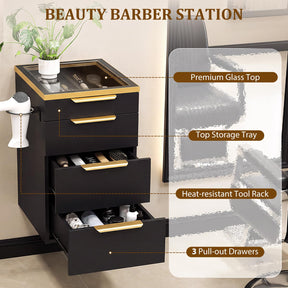 OmySalon WMBCWT Wall Mounted Salon Station with Tempered Glass Top & 4 Drawers Hair Dryer Holder